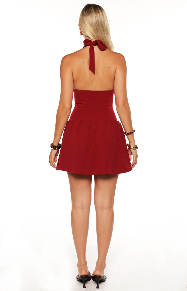 Bordo Halter Yaka Mini Elbise - Şık ve Zarif Tasarım