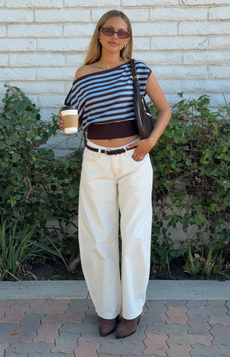 Amerie Kahverengi Çizgili Off-Shoulder Triko Bluz