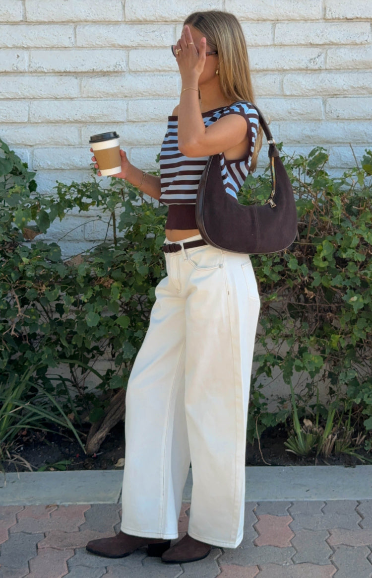 Amerie Kahverengi Çizgili Off-Shoulder Triko Bluz