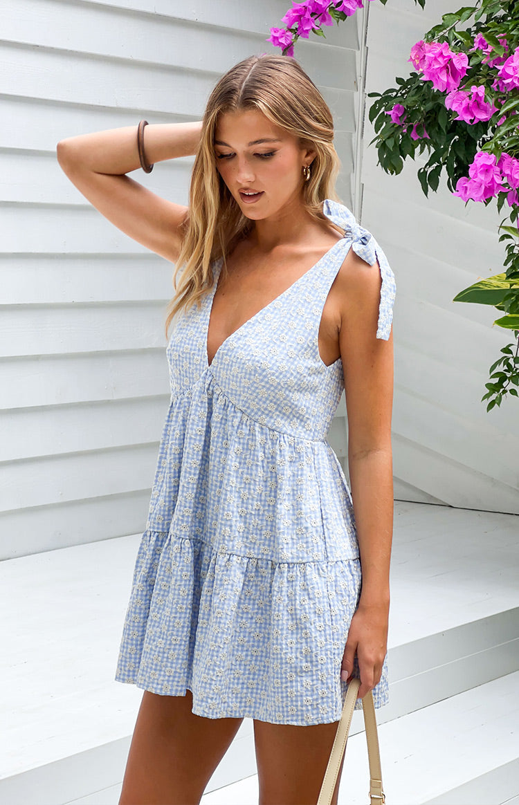 Mavi Gingham Desenli Çiçekli Mini Elbise - Melek Kız