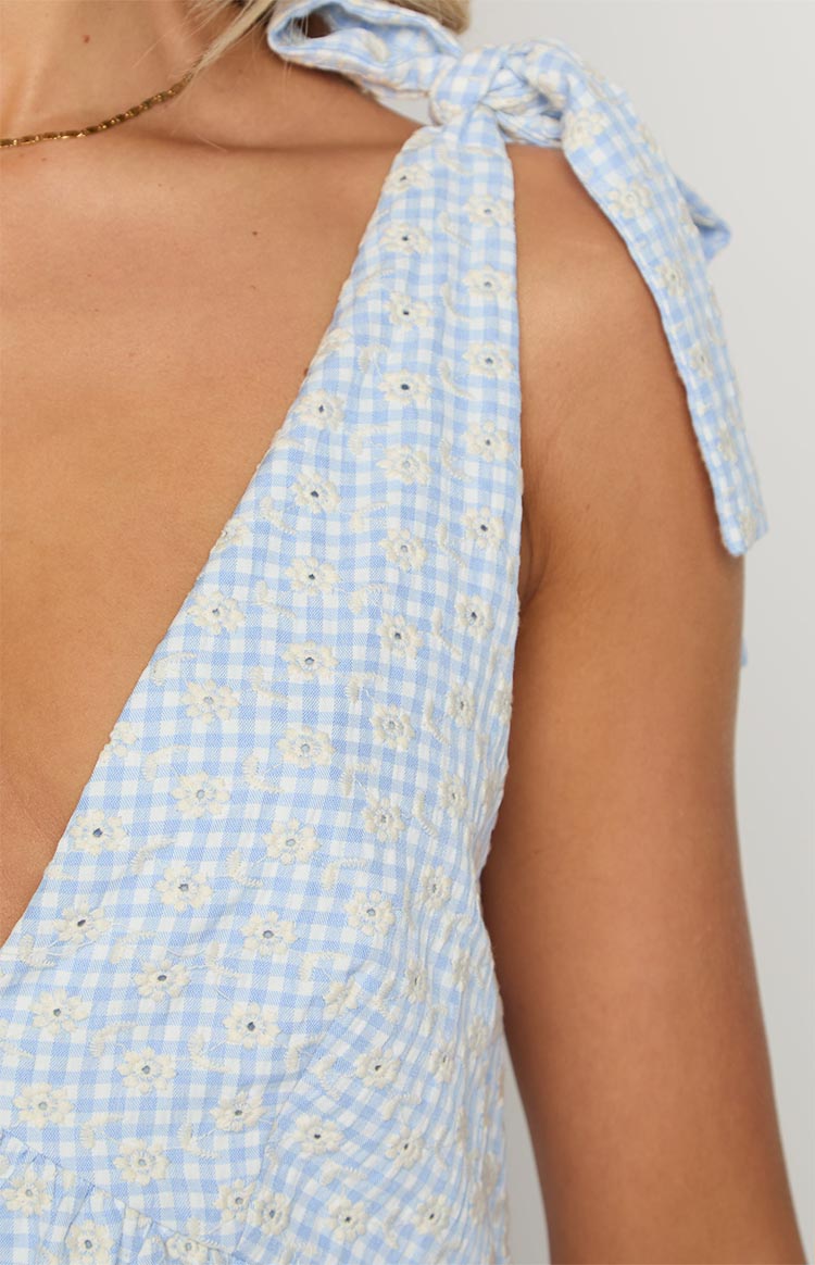 Mavi Gingham Desenli Çiçekli Mini Elbise - Melek Kız
