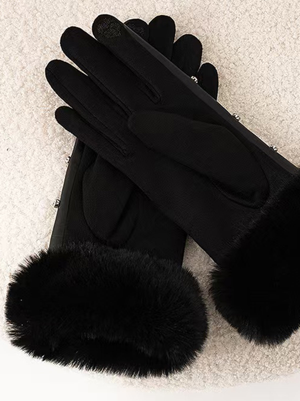 Taş Detaylı Peluş Manşetli Eldiven