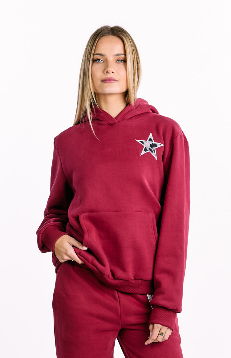 Burgonya Leopar Yıldız Kapüşonlu Sweatshirt