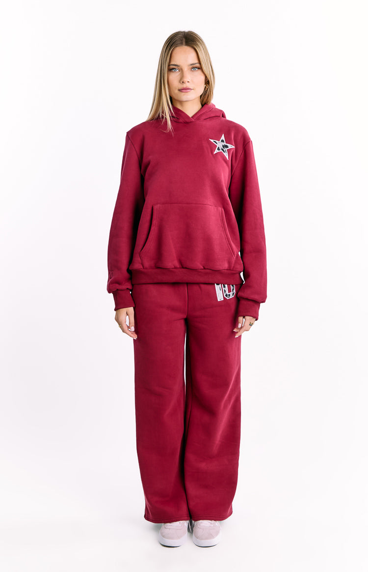 Burgonya Leopar Yıldız Kapüşonlu Sweatshirt