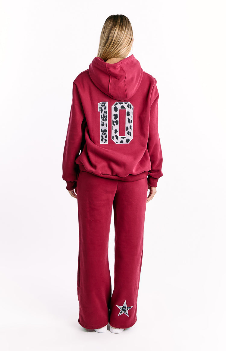 Bordo Leopar Desenli Kapüşonlu Sweatshirt