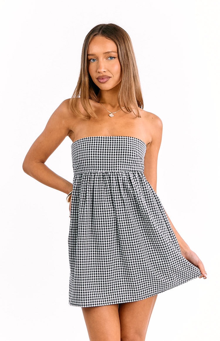 Şık Siyah Gingham Straplez Mini Elbise - Berrie