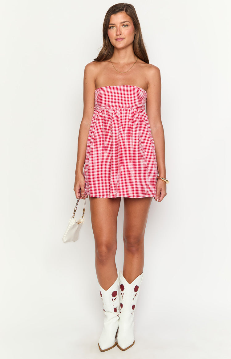 Kadın Kırmızı Gingham Askısız Mini Elbise - Şık Yaz Modası