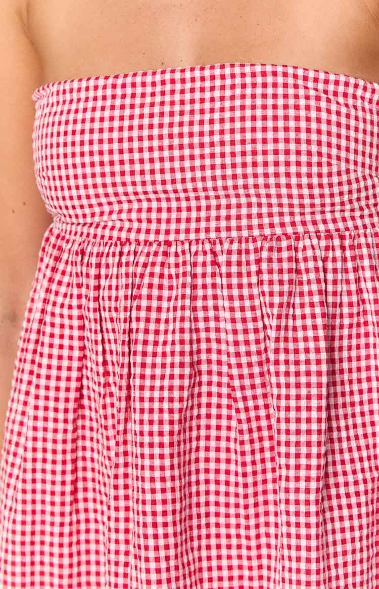 Kadın Kırmızı Gingham Askısız Mini Elbise - Şık Yaz Modası