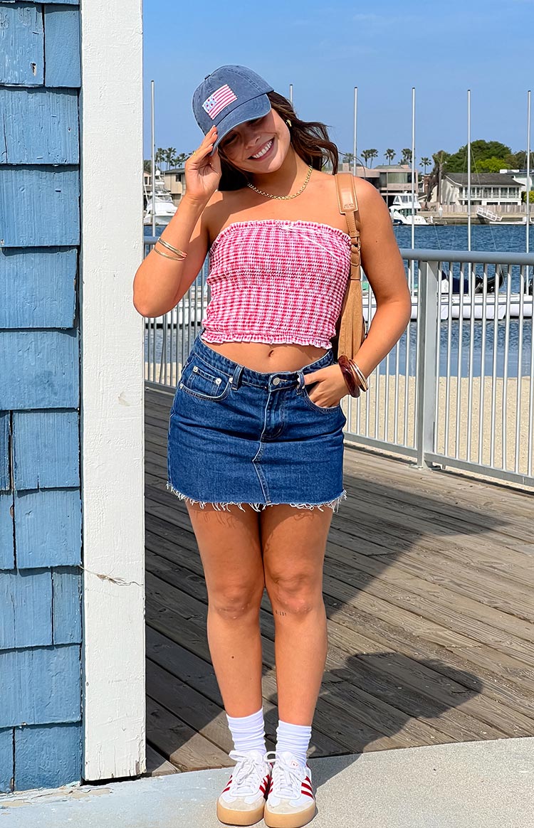 Boston Kırmızı Gingham Askısız Şık Bluz