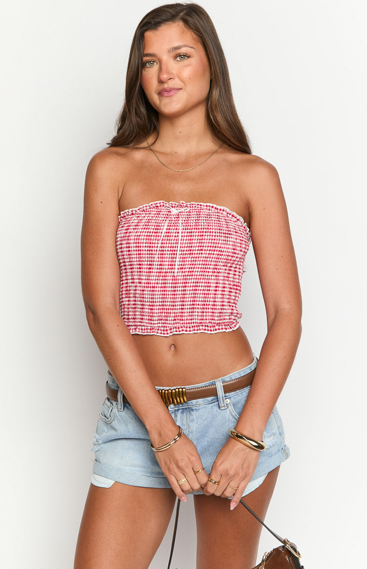 Boston Kırmızı Gingham Askısız Şık Bluz