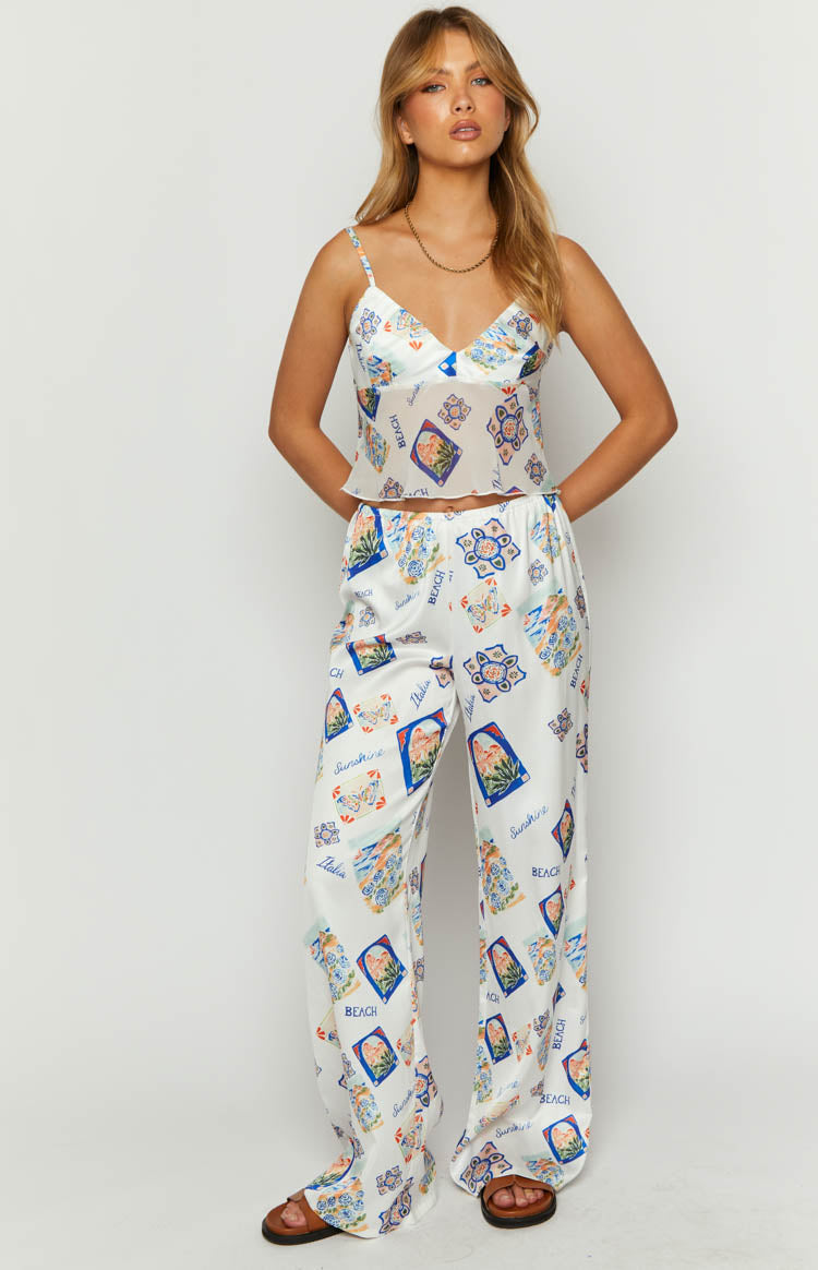 Bridget Beyaz Saten İtalya Baskılı Pantolon