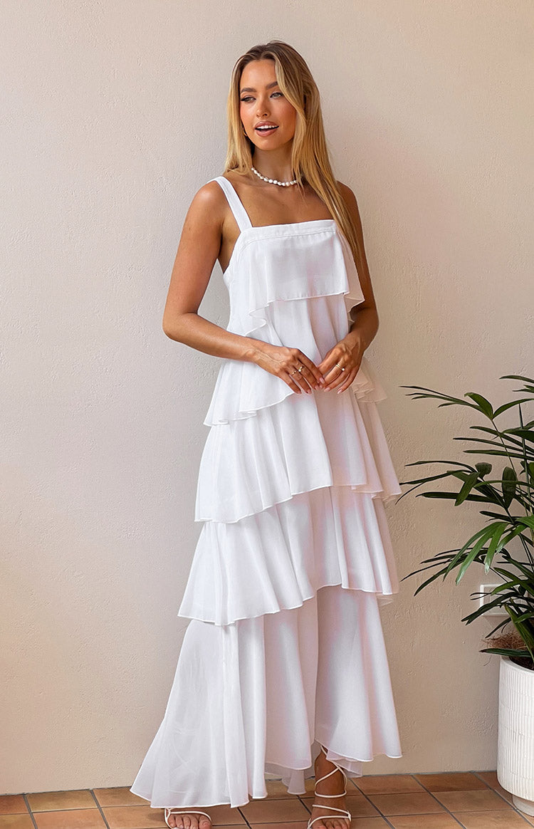 Brielle Beyaz Fırfırlı Maxi Elbise