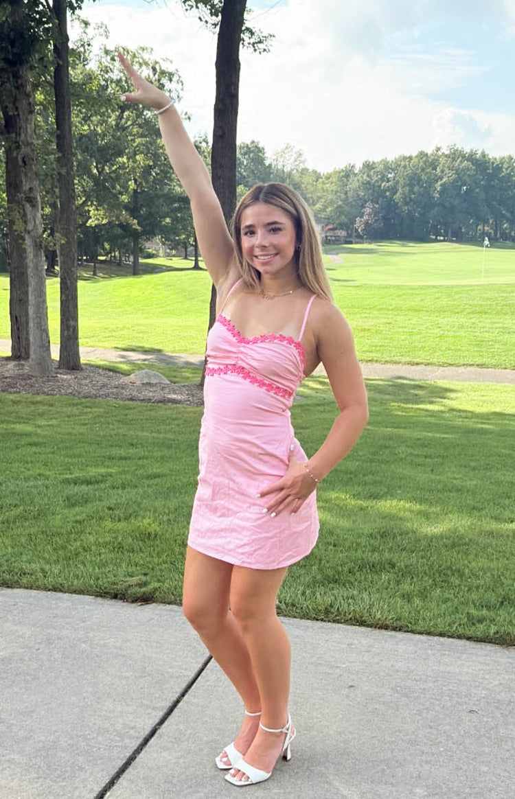 Breige Pembe Çiçekli Mini Elbise