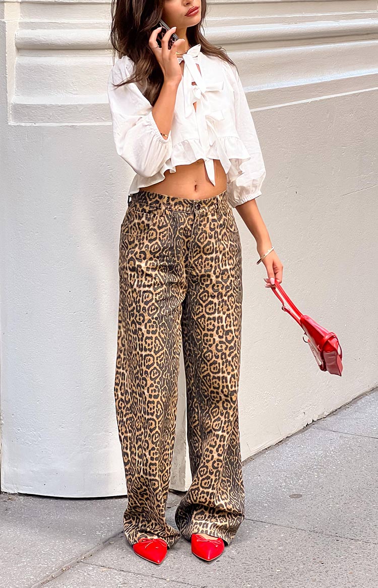 Brunet Leopar Desenli Düz Paça Jean Pantolon