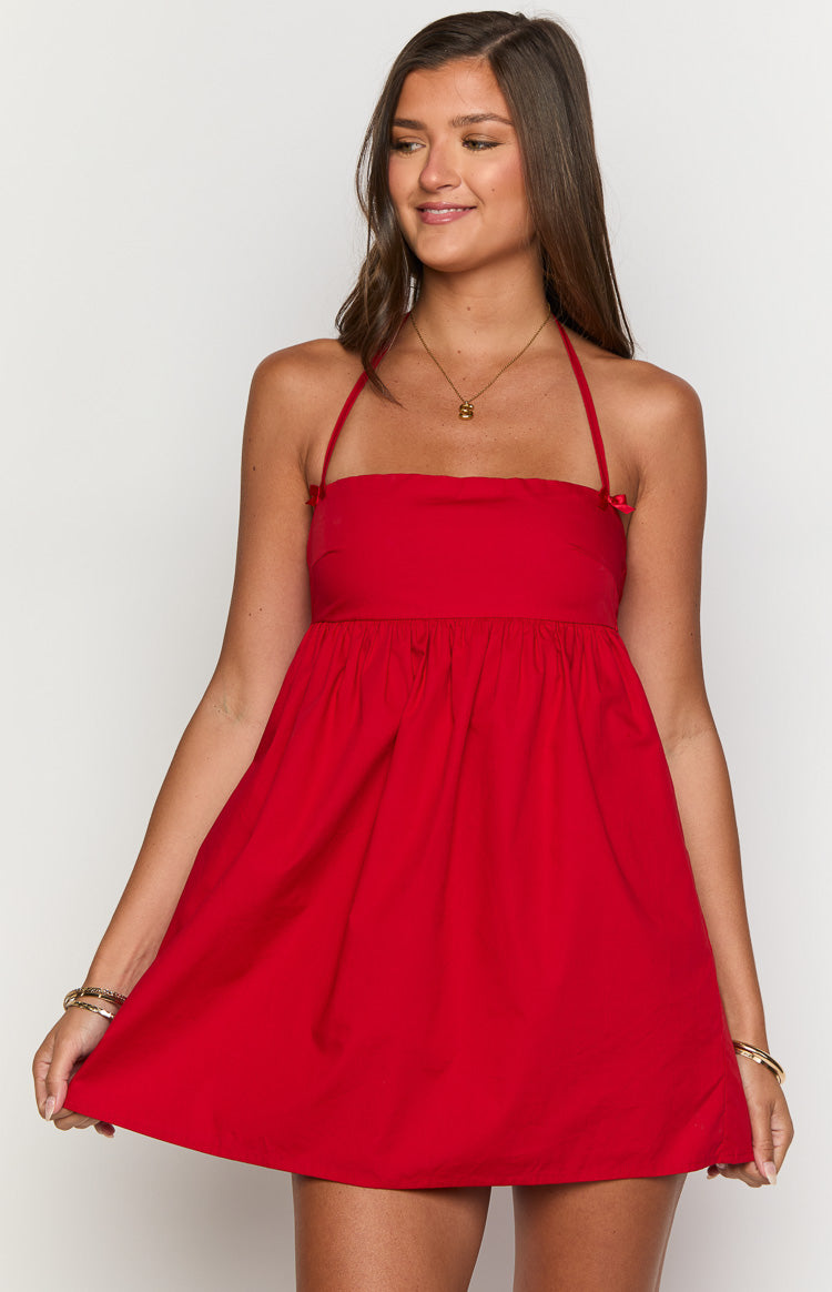 Kırmızı Halter Yaka Mini Elbise