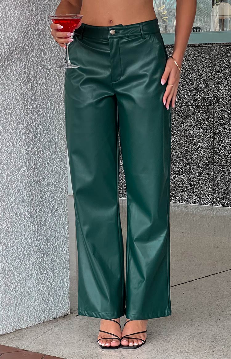 Şık Gölge Orman Yeşili PU Pantolon