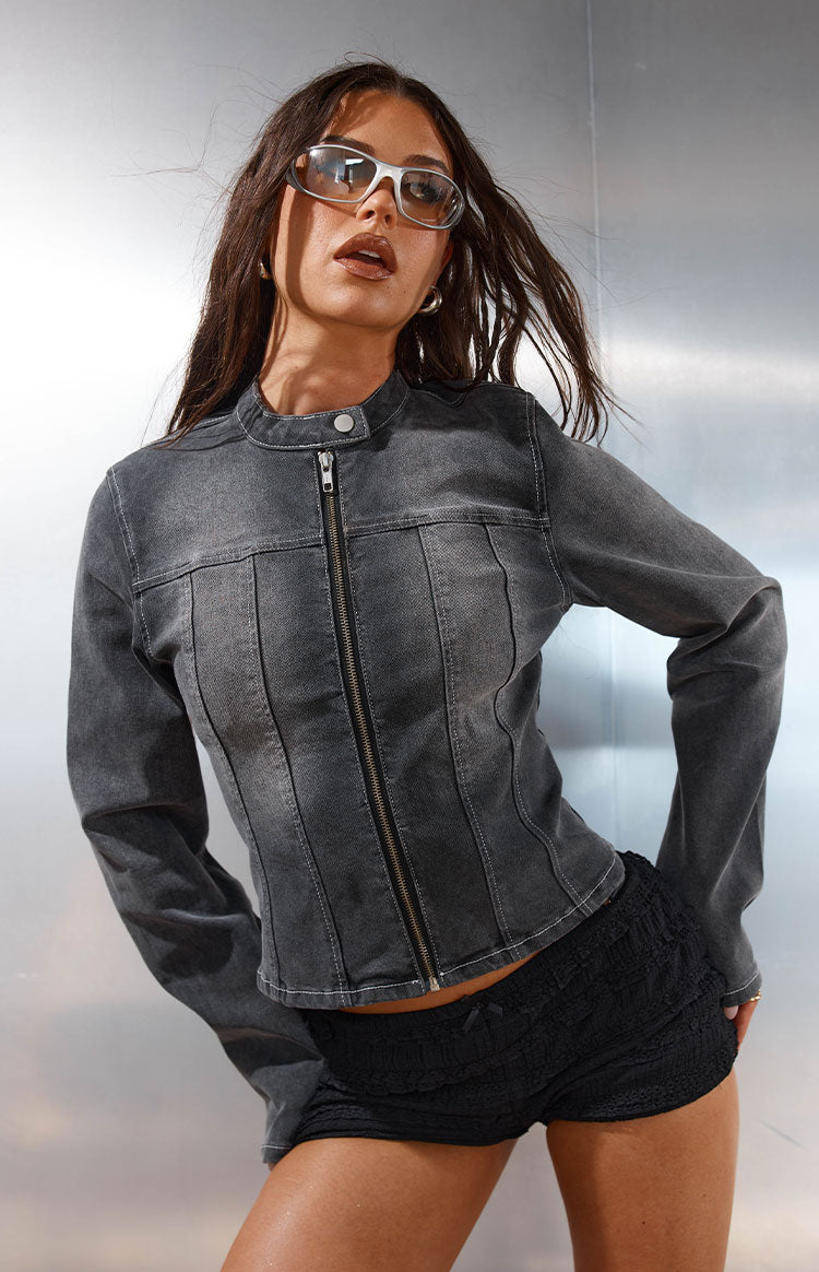 Corey Siyah Yıpranmış Denim Motosiklet Ceketi
