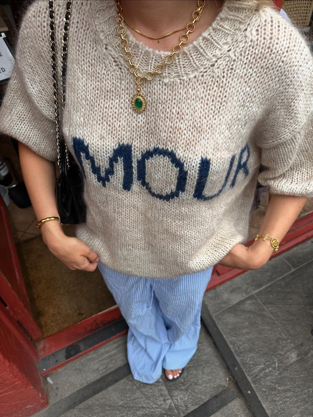 Amour Bej Yazı Baskılı 3/4 Kollu Triko Kazak