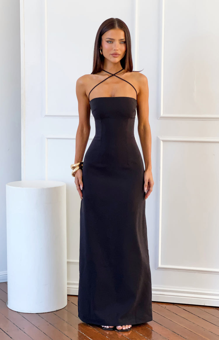 Del Mar Siyah Krep Maxi Elbise