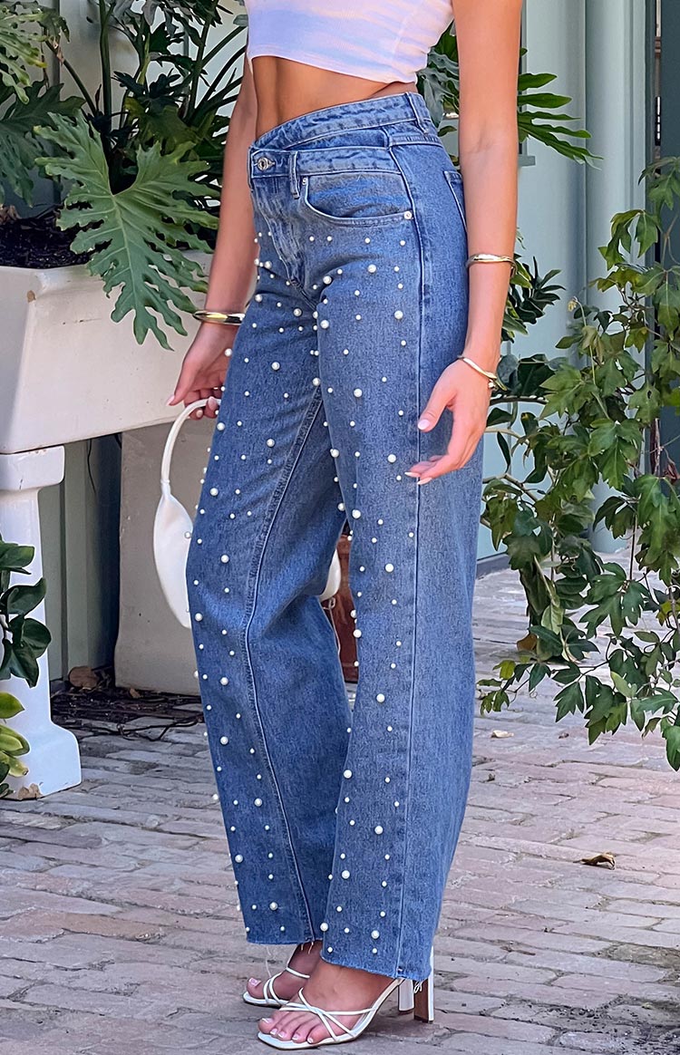 Denim Parıltı İnci Orta Yıkama Yüksek Bel Jean