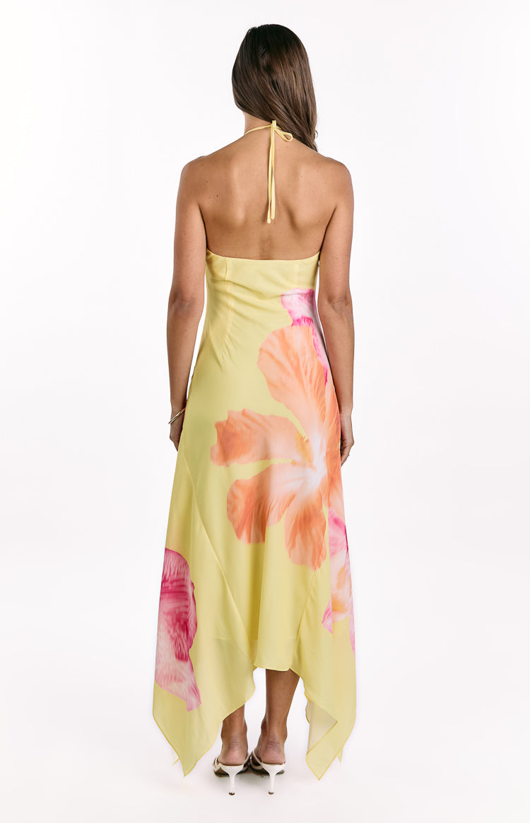 Sarı Hibiskus Desenli Halter Maxi Elbise - Elowen
