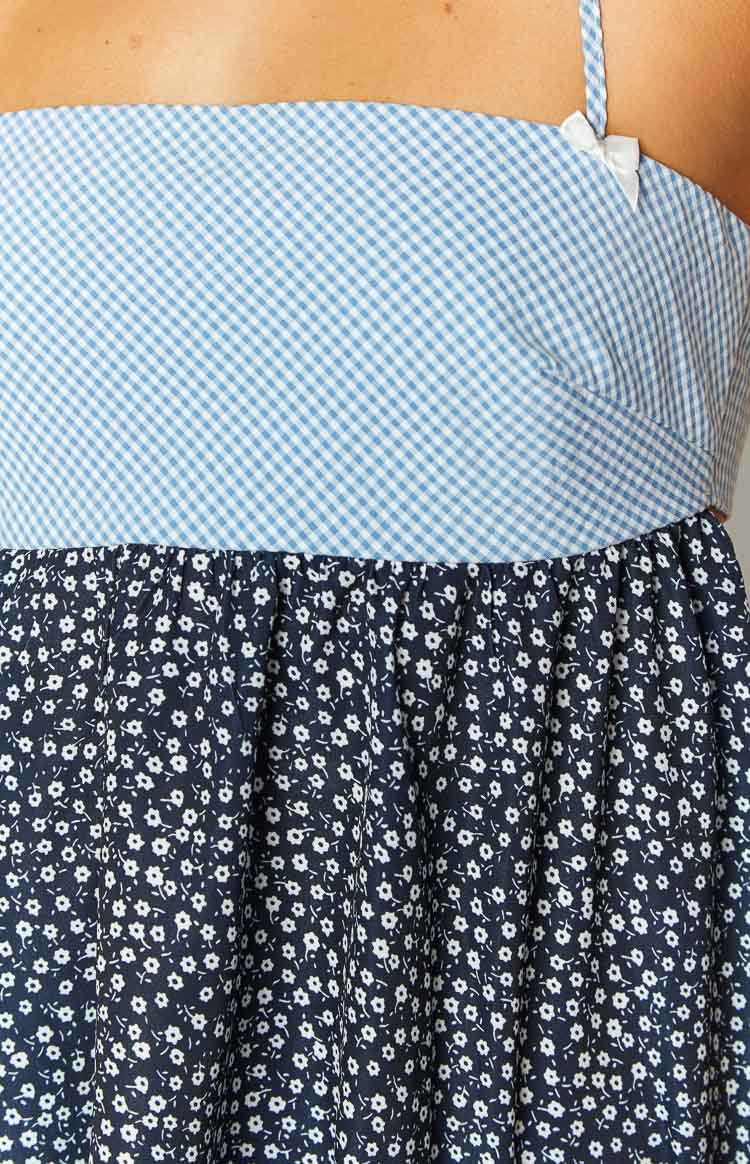 Mavi Çiçek Desenli Halter Üst