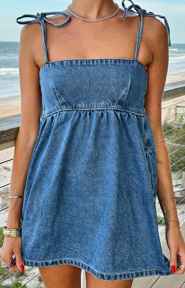 Ethel Mavi Denim Bağlamalı Askılı Mini Elbise