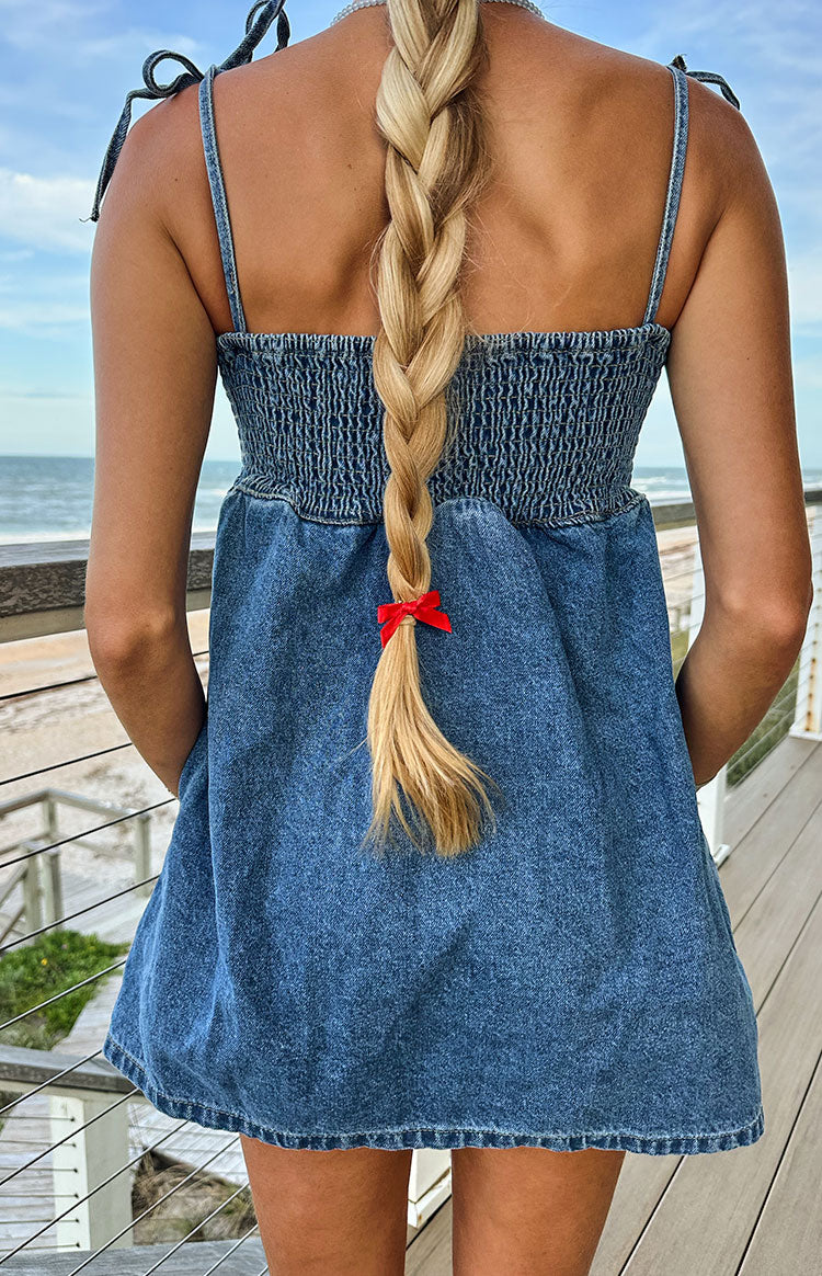 Ethel Mavi Denim Bağlamalı Askılı Mini Elbise
