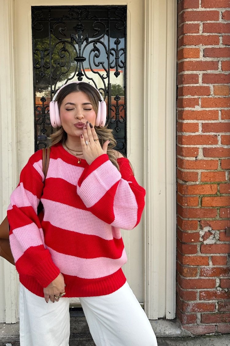 Finley Kırmızı ve Pembe Çizgili Off Shoulder Triko Kazak