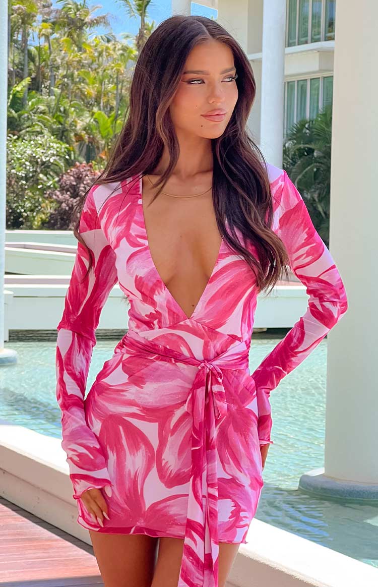 Florenta Pembe Çiçek Desenli Mini Elbise