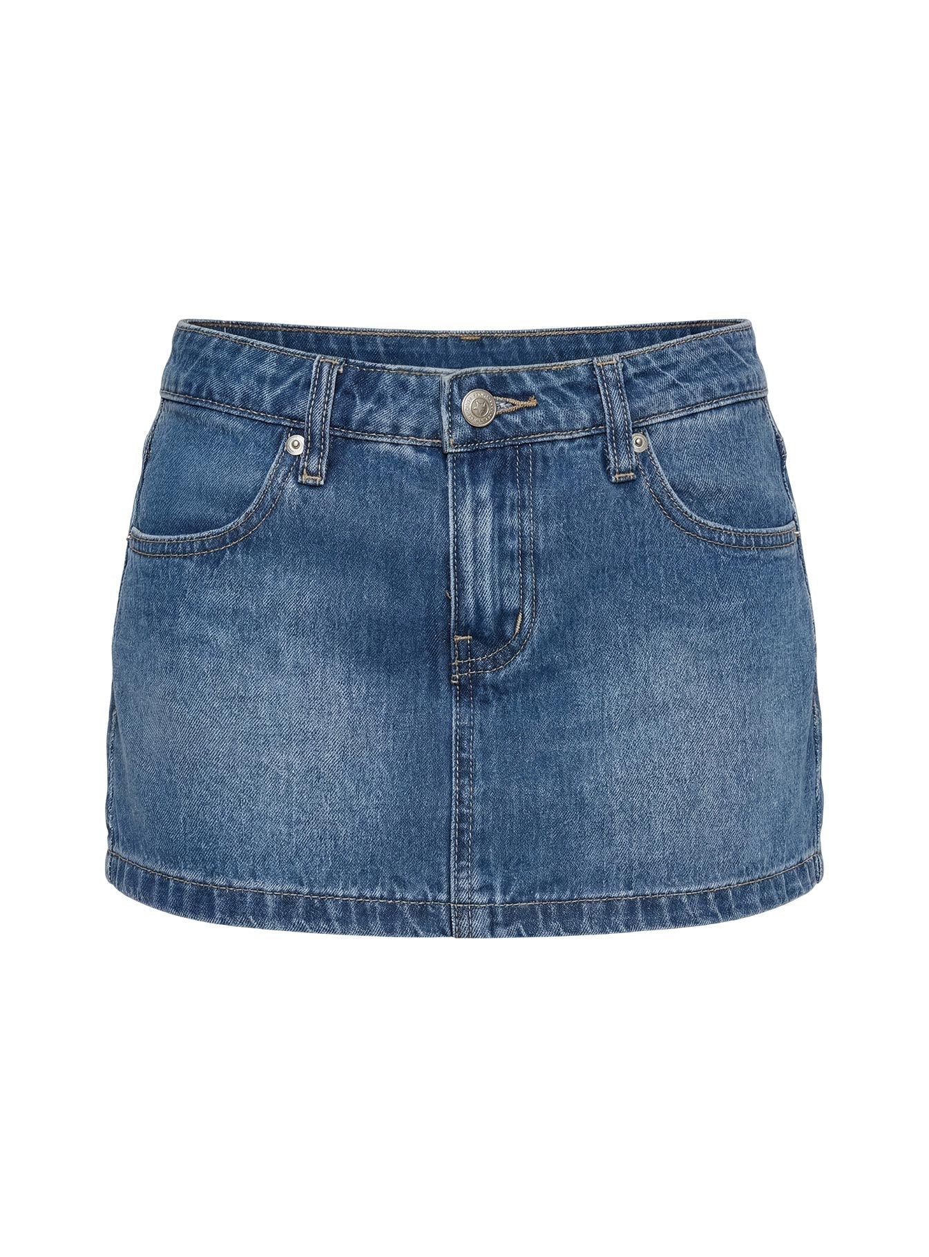 Baxon Orta Mavi Düşük Bel Mikro Denim Şort Etek
