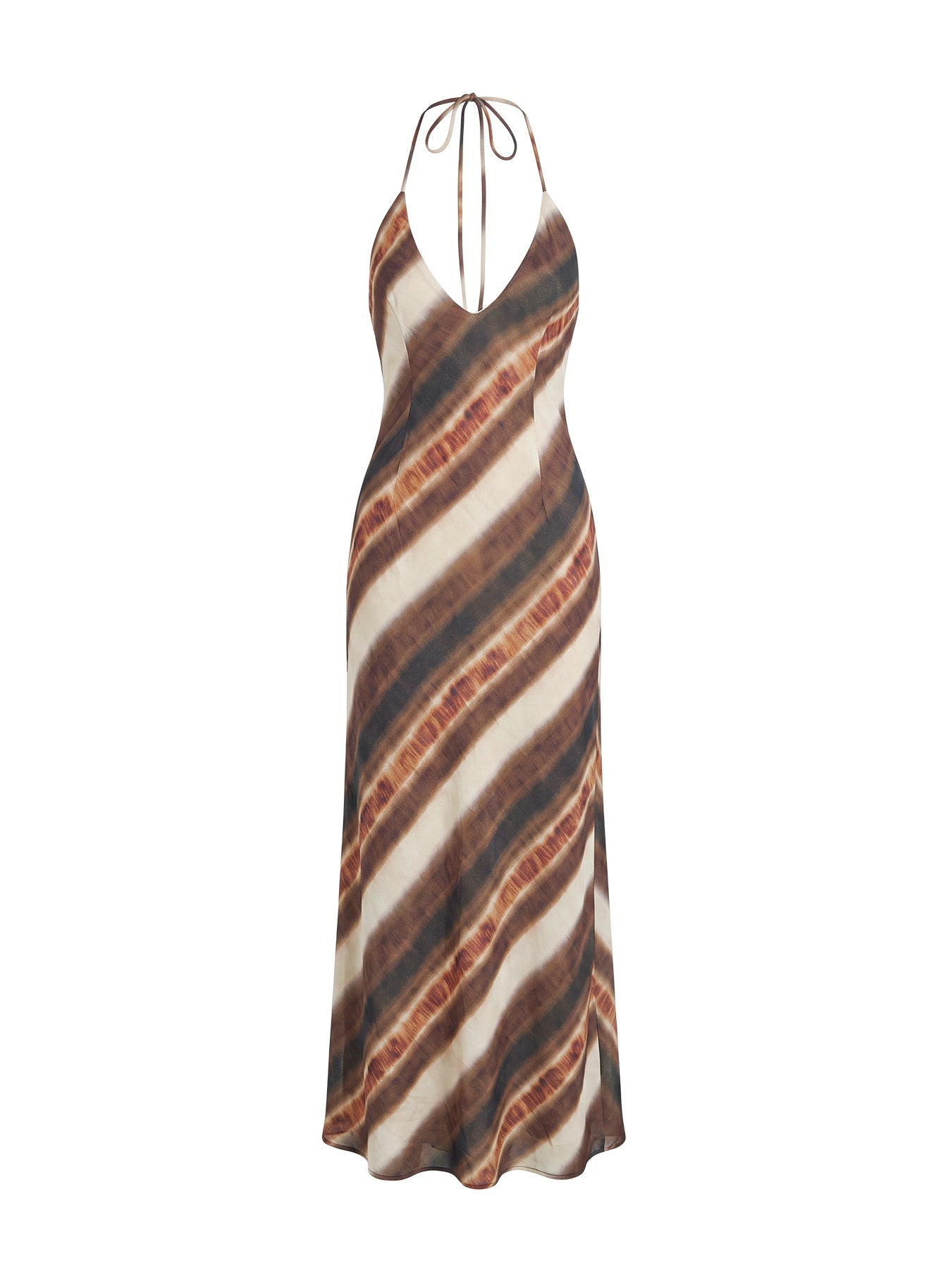 Esmira Kahverengi Çizgili Sırt Dekolteli Halter Maxi Elbise