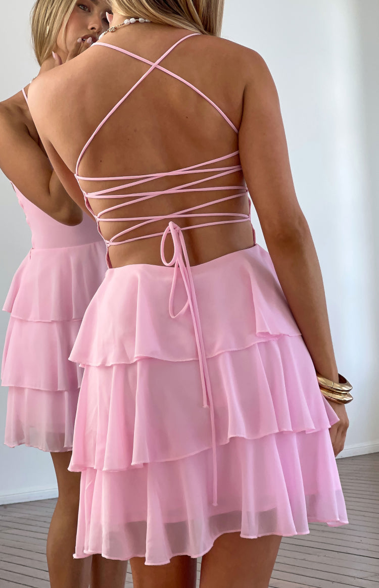 Georgie Pembe Volanlı Mini Elbise