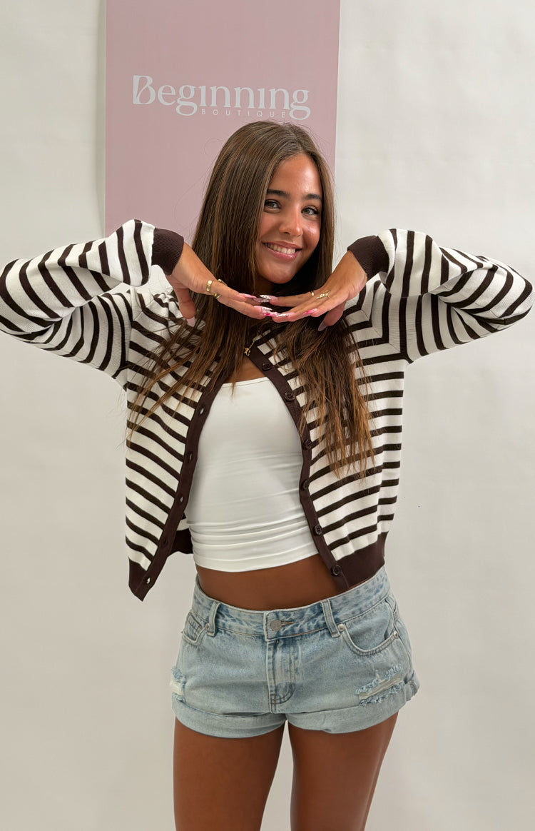 Lottie Çikolatalı Çizgili Yuvarlak Yaka Hırka