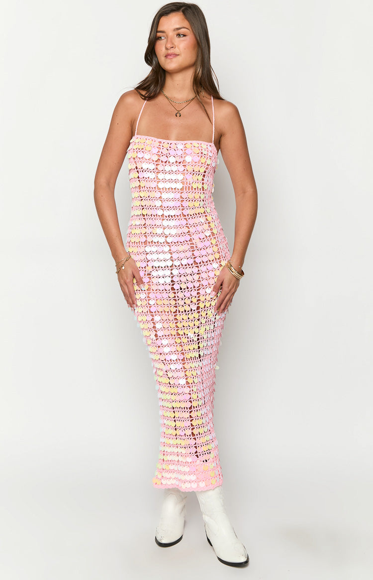Glance Pembe Payetli Straplez Maxi Elbise