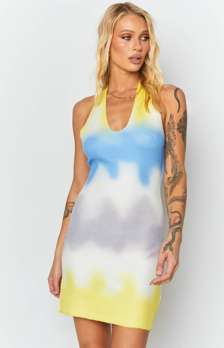 Yazlık Sarı Graffiti Halter Mini Elbise