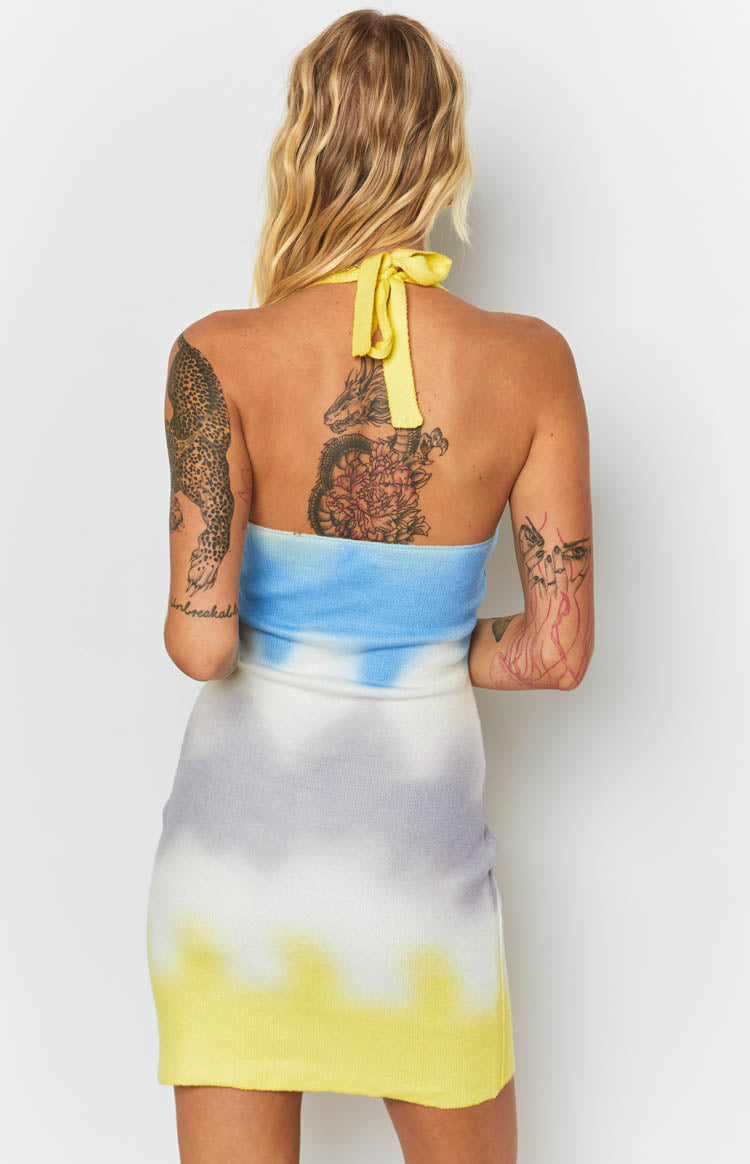 Yazlık Sarı Graffiti Halter Mini Elbise