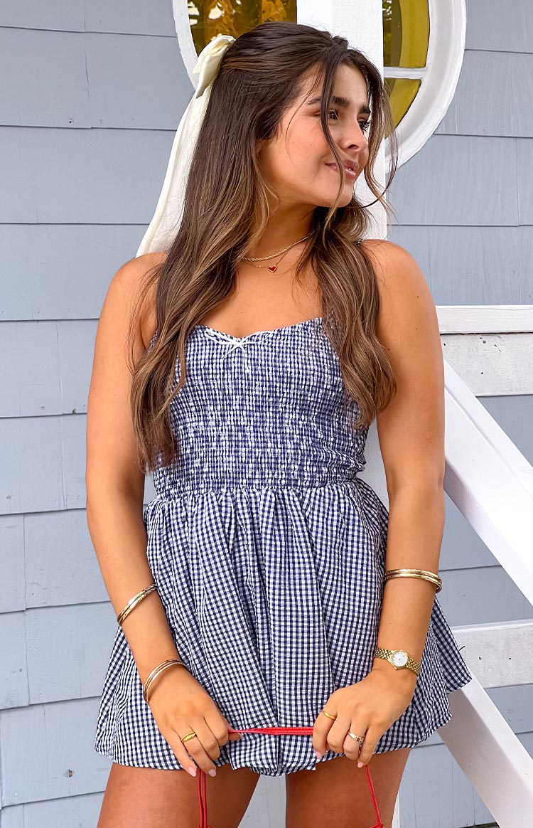 Lacivert Gingham Desenli Kadın Tulum