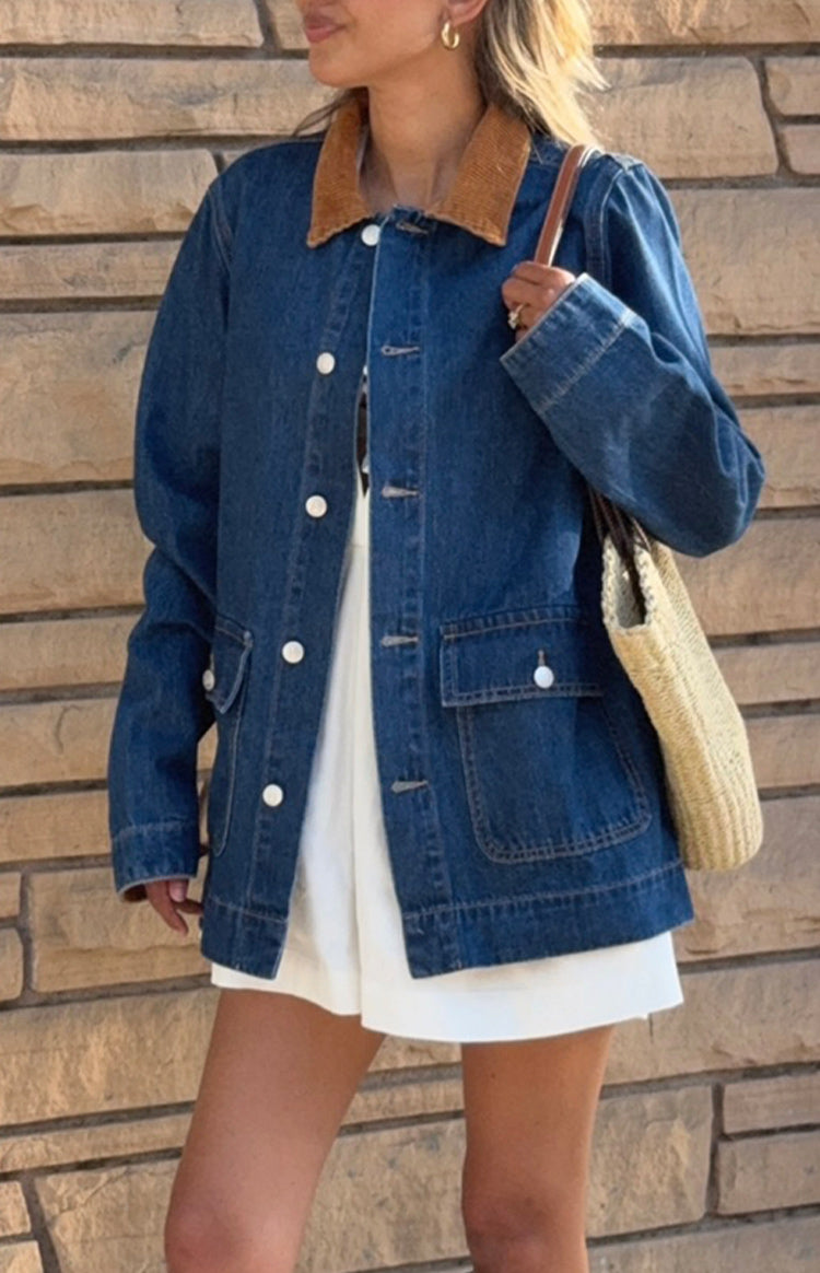 Hendrick Orta Yıkama Denim Kord Trim Oversize Ceket