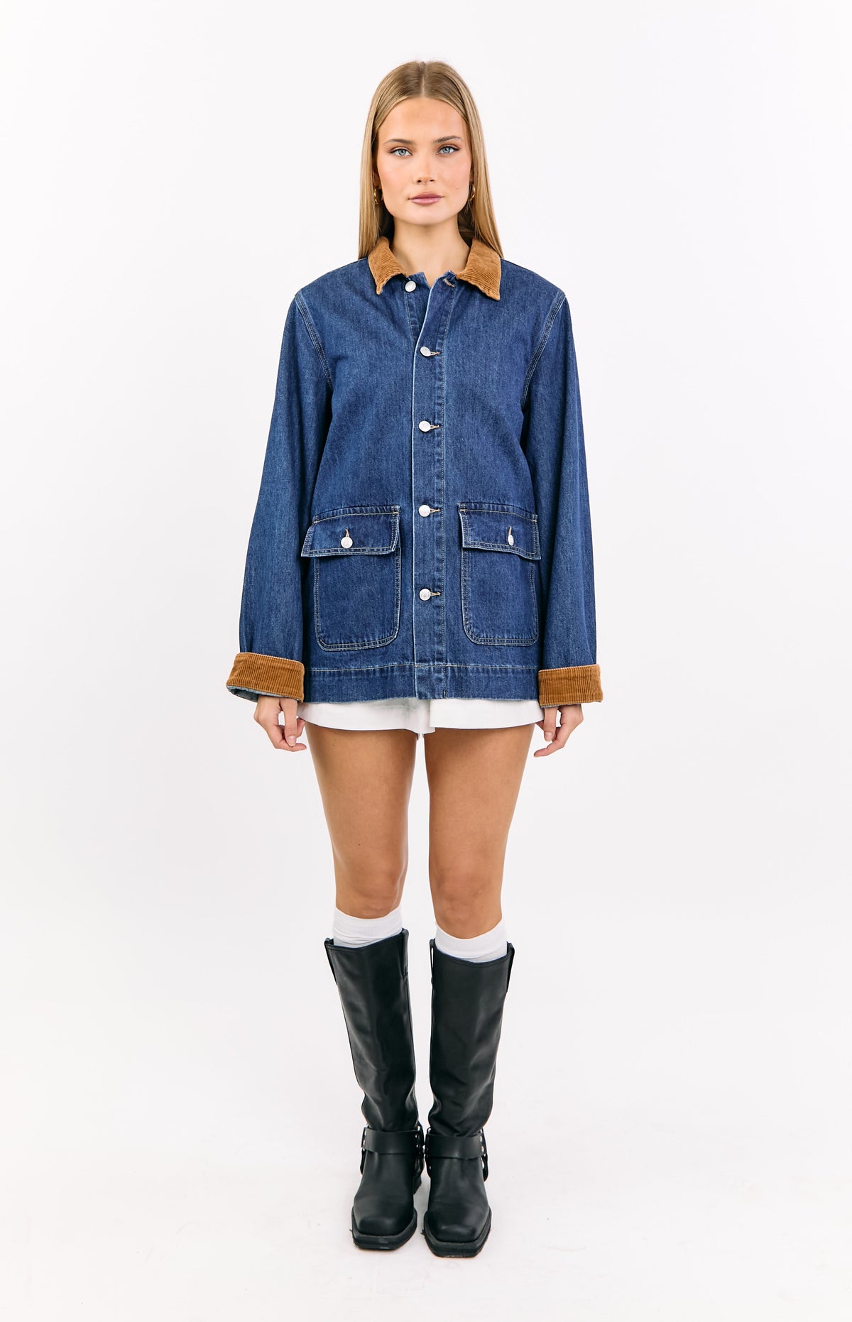 Hendrick Orta Yıkama Denim Kord Trim Oversize Ceket