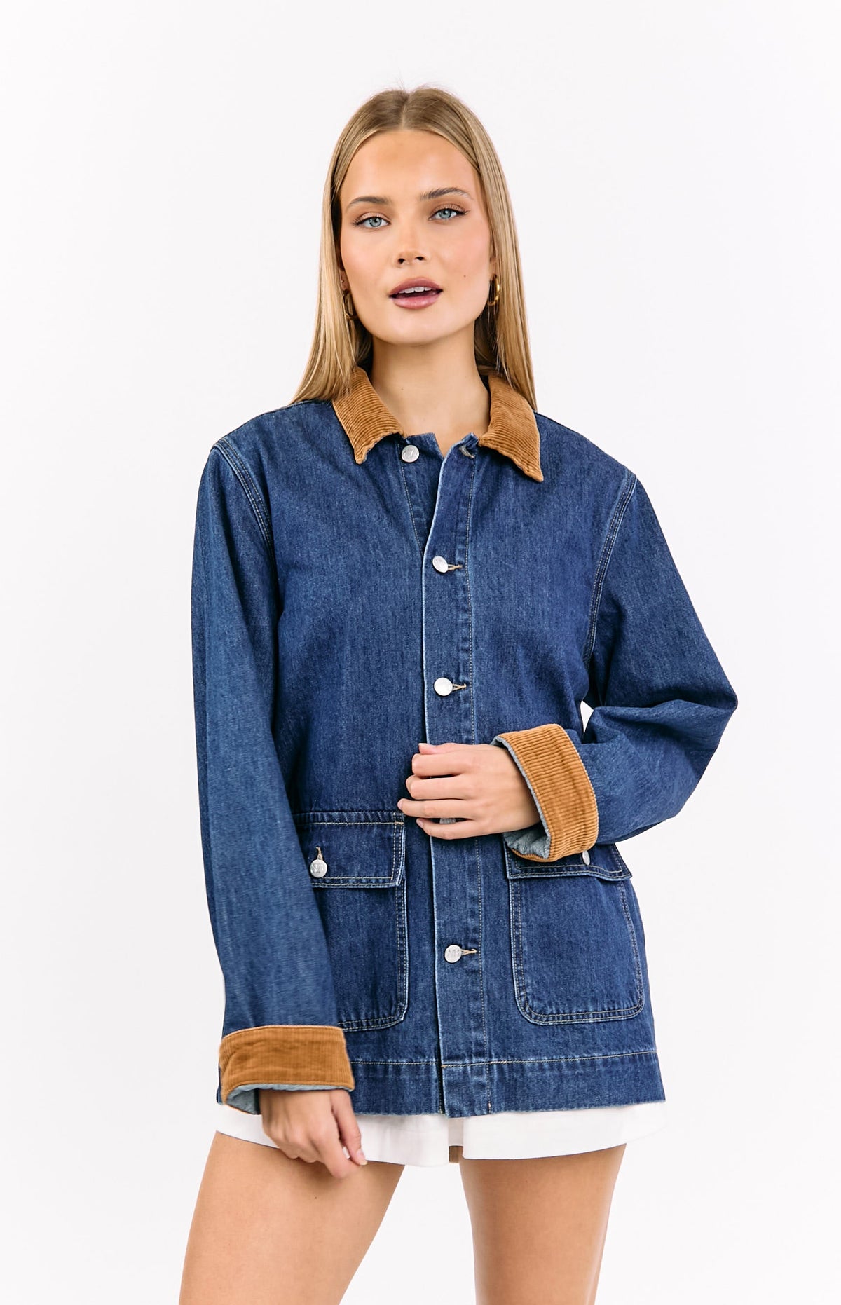 Hendrick Orta Yıkama Denim Kord Trim Oversize Ceket
