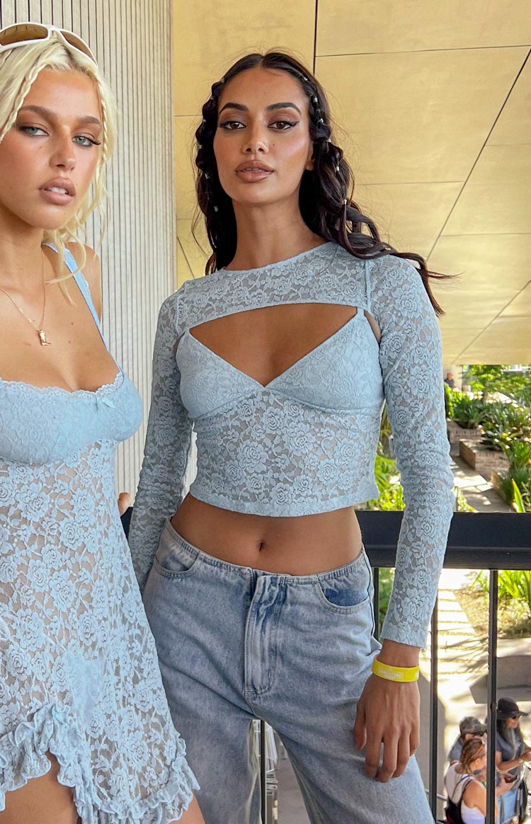 Mavi Dantel Askılı Bluz ve Bolero Takımı