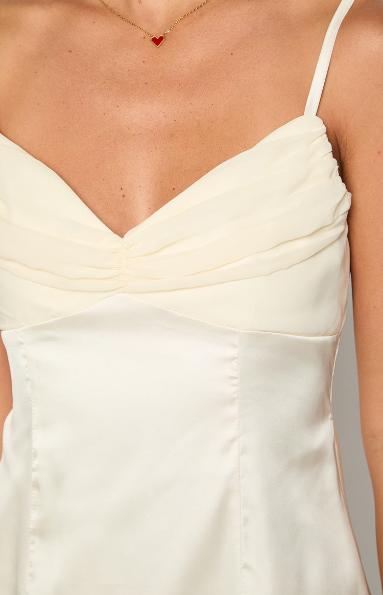 Honey Krem Kontrast Şifon Detaylı Saten Mini Elbise