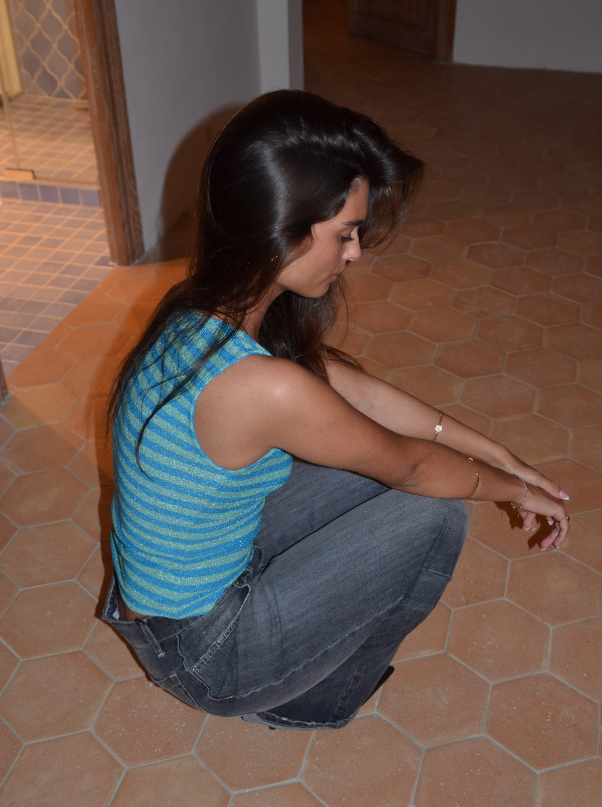 Emmeline Işıltılı Mavi Bluz