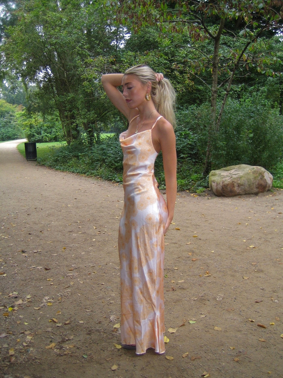 Charline Saten Elbise - Beyaz-Turuncu
