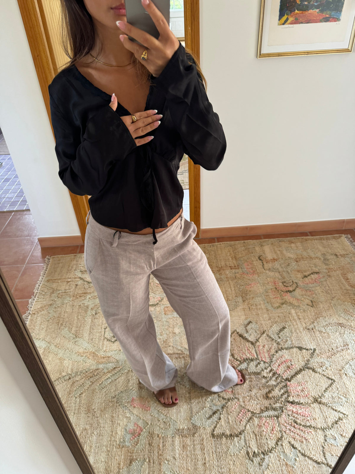 Roxy Bej Herringbone Pantolon