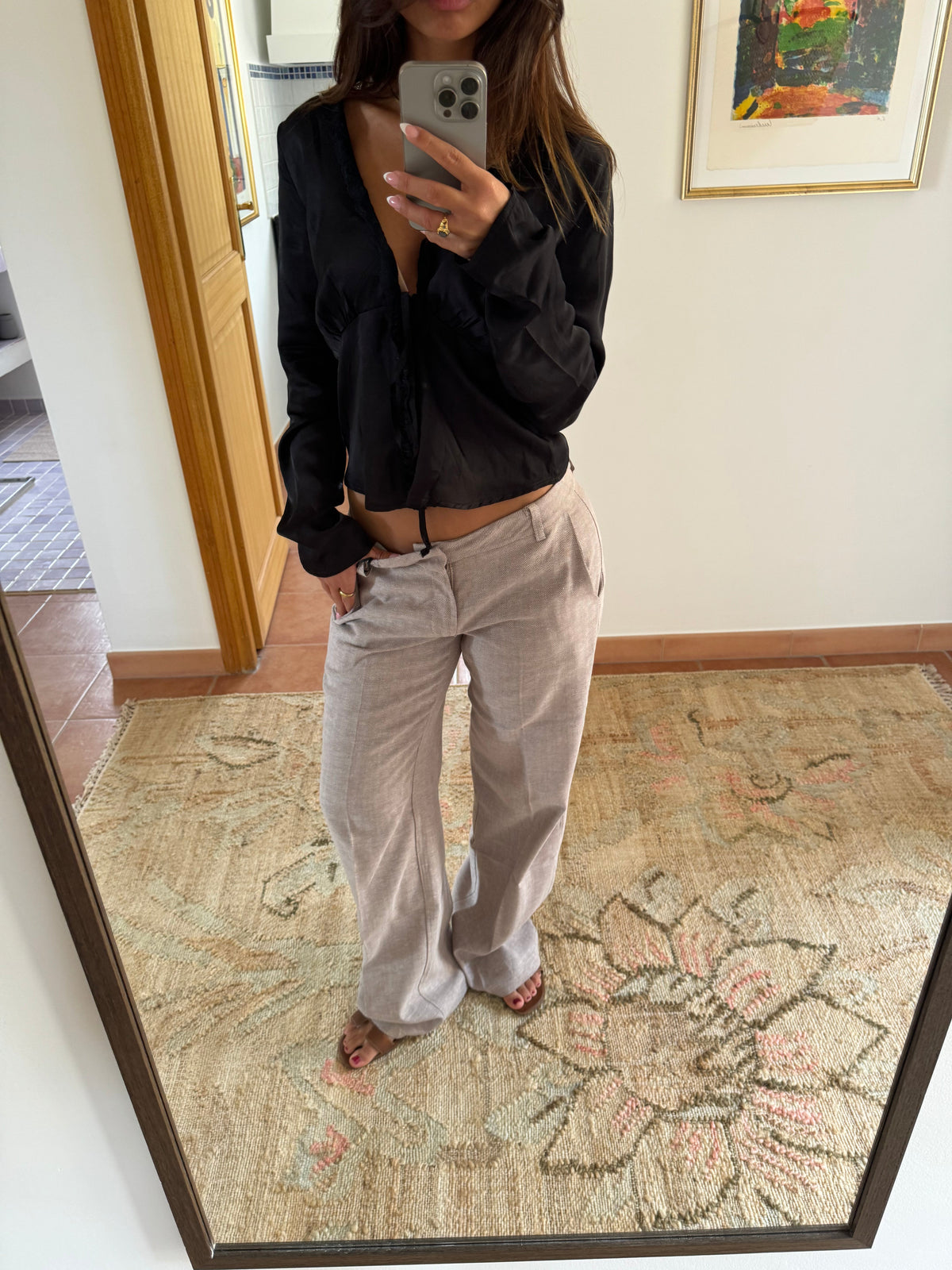 Roxy Bej Herringbone Pantolon