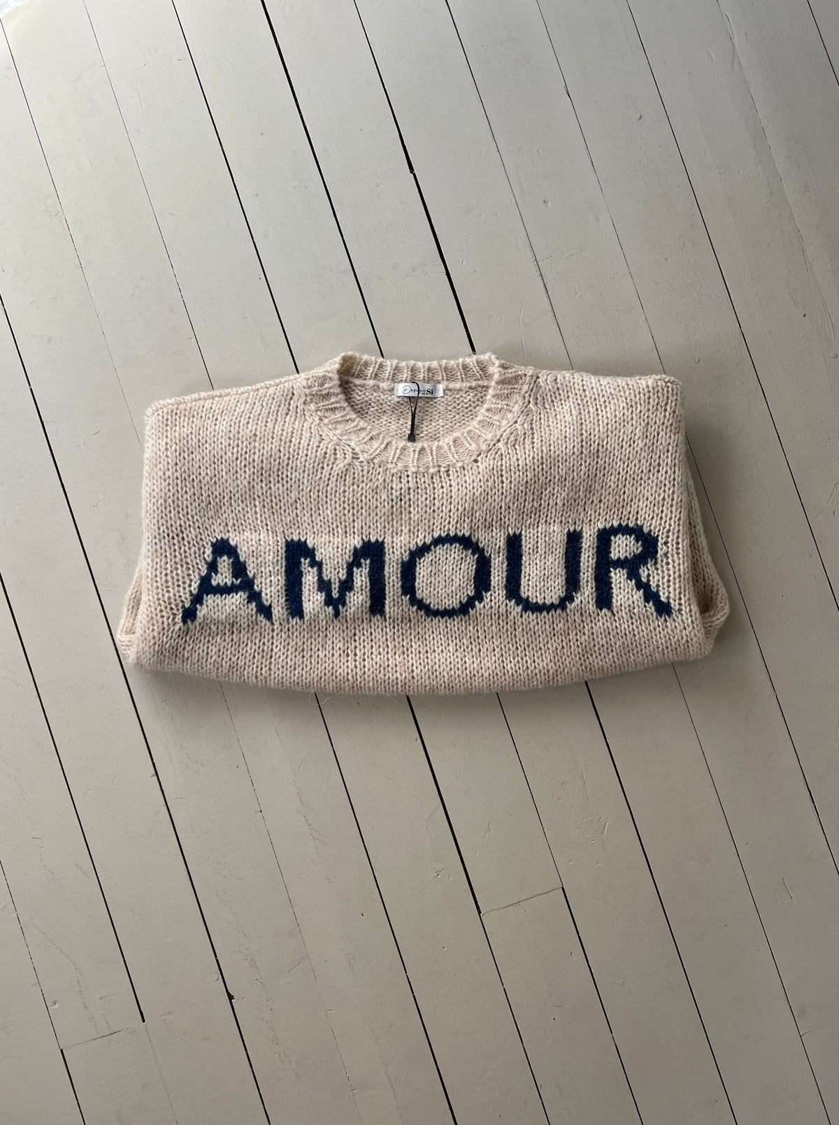 Amour Bej Yazı Baskılı 3/4 Kollu Triko Kazak