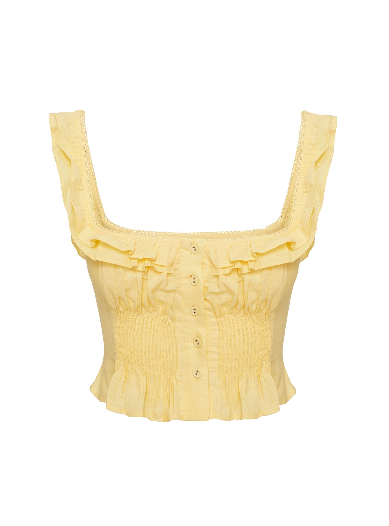 Isadoria Sarı Fırfırlı Keten Karışımlı Crop Top
