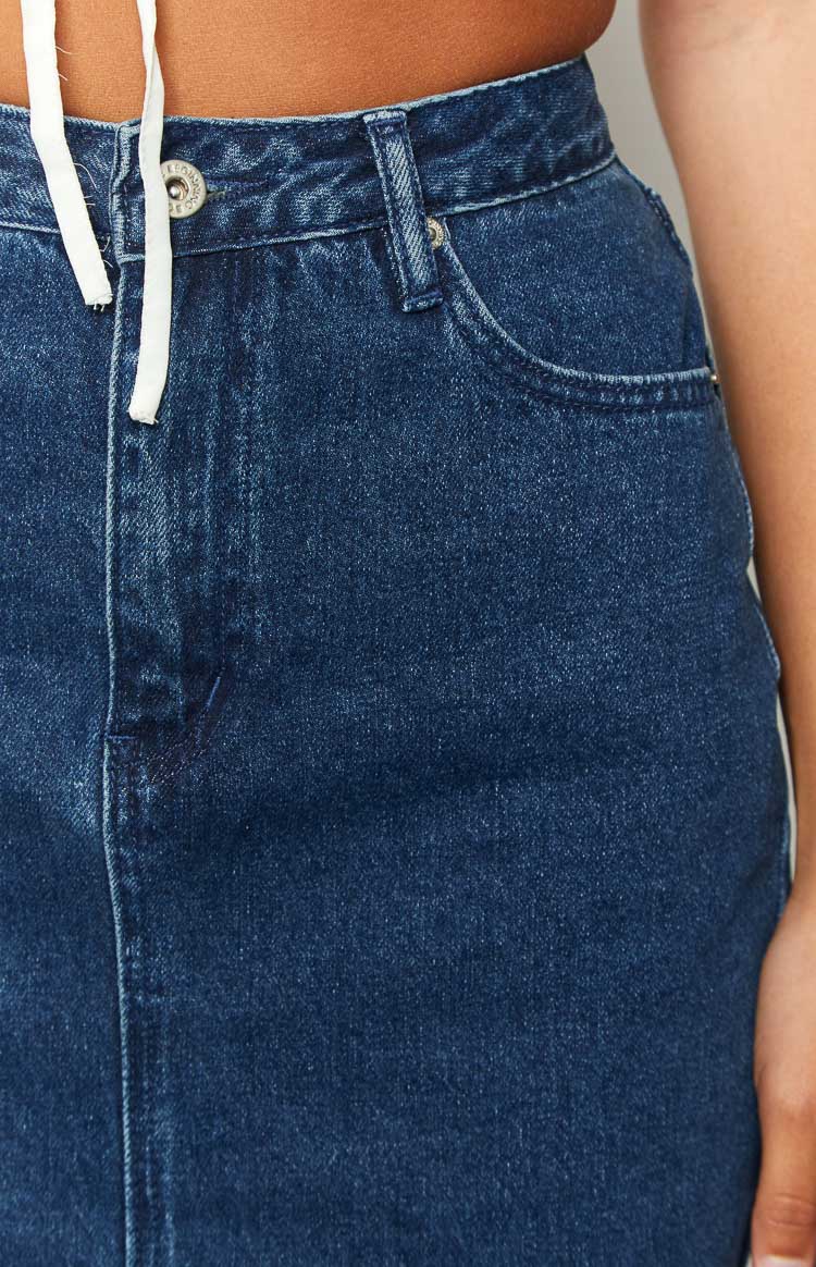 Isla Koyu Denim Midi Etek